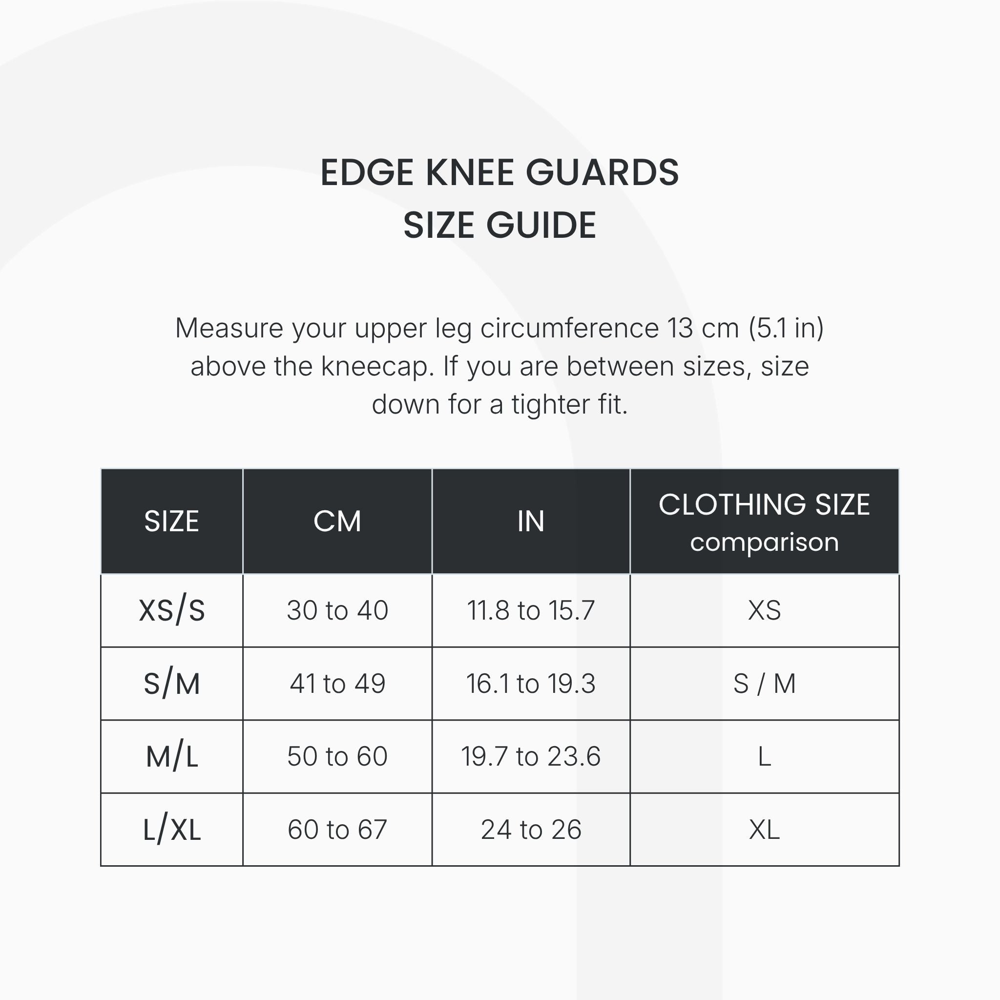 Size guide for edge knee guards figure skaters
